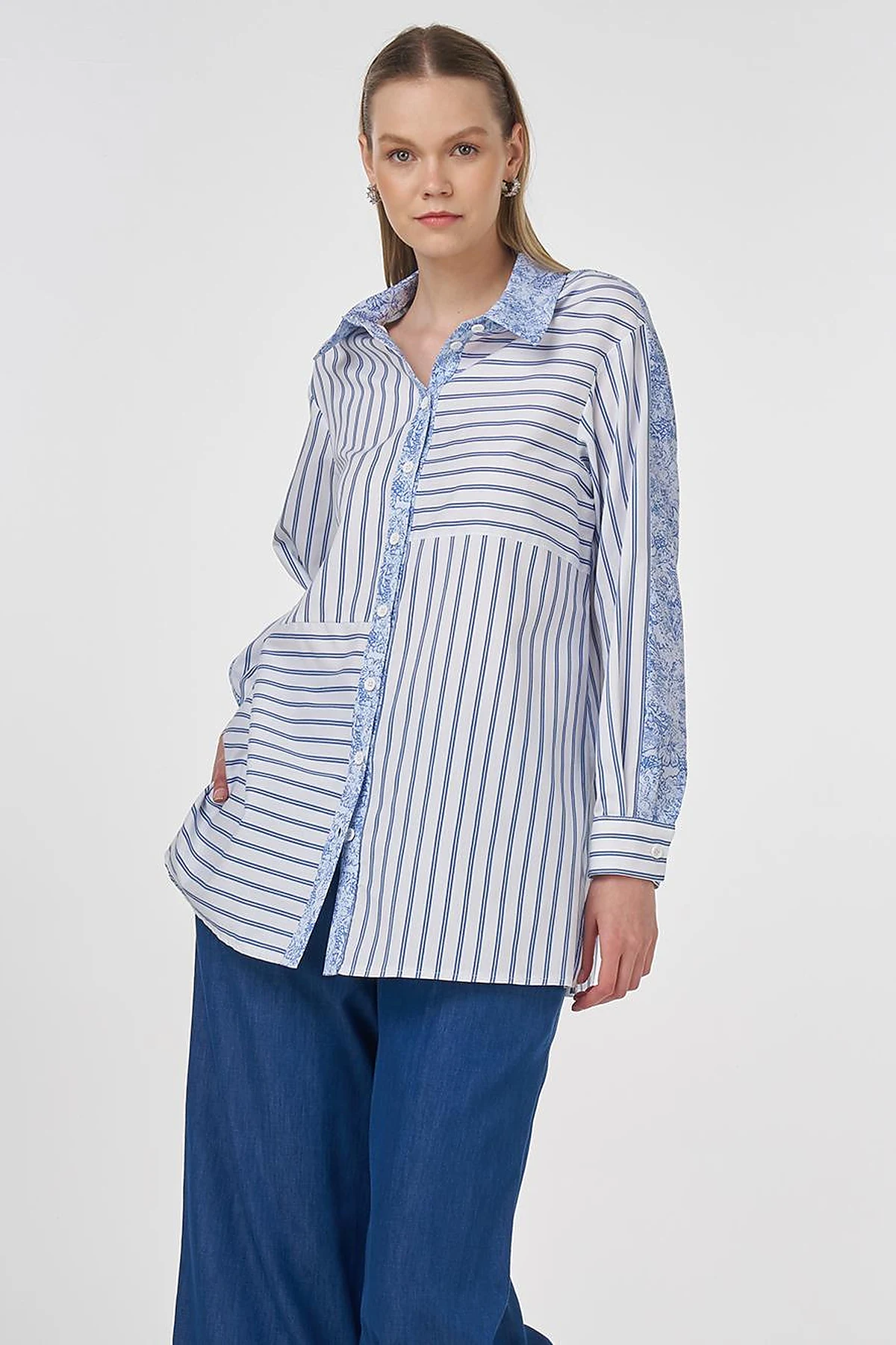 Fabric-Trimmed Striped Tunic Indigo 