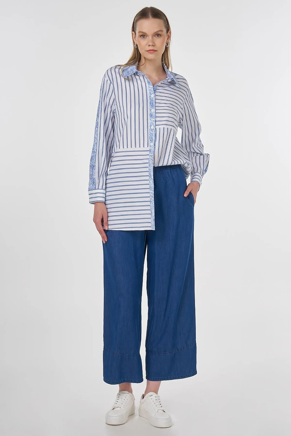 Fabric-Trimmed Striped Tunic Indigo 