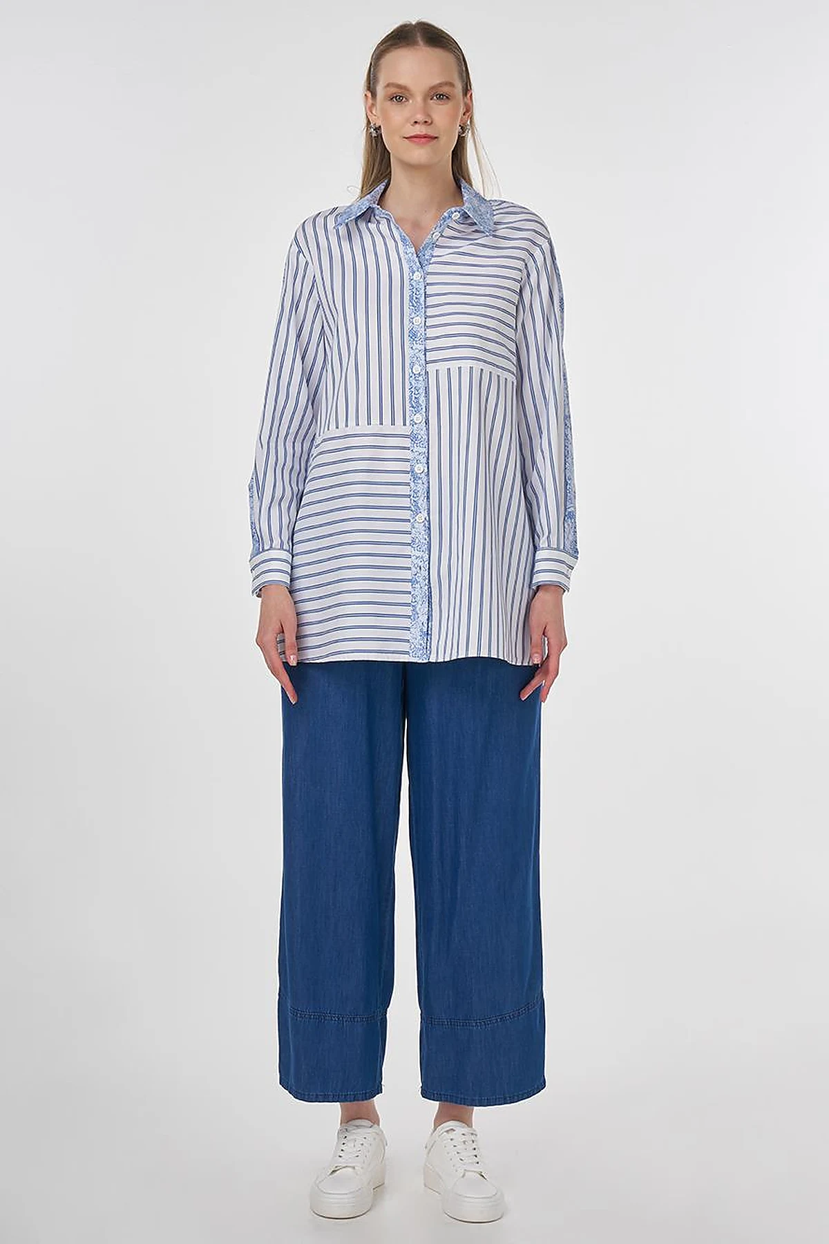 Fabric-Trimmed Striped Tunic Indigo 