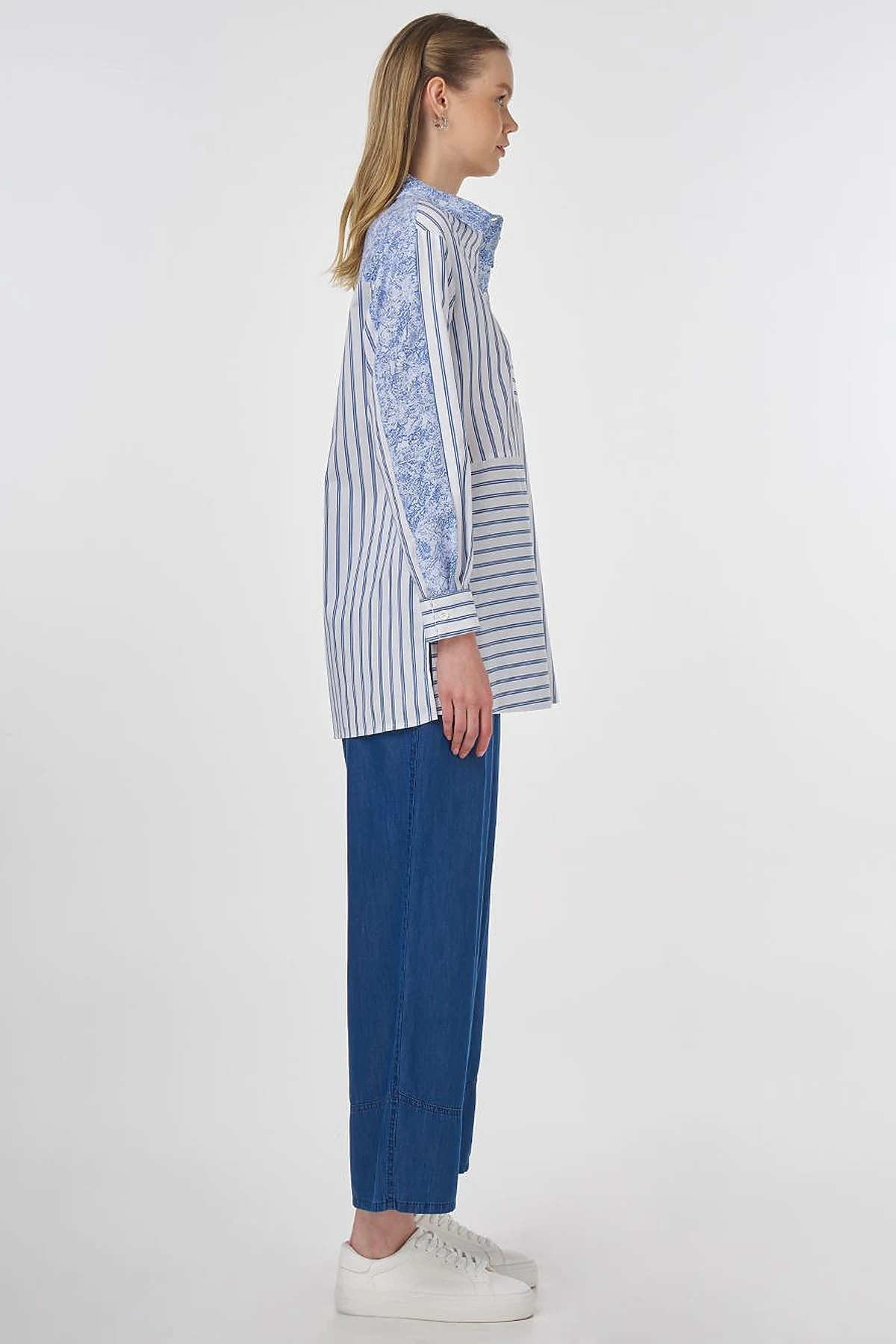 Fabric-Trimmed Striped Tunic Indigo 