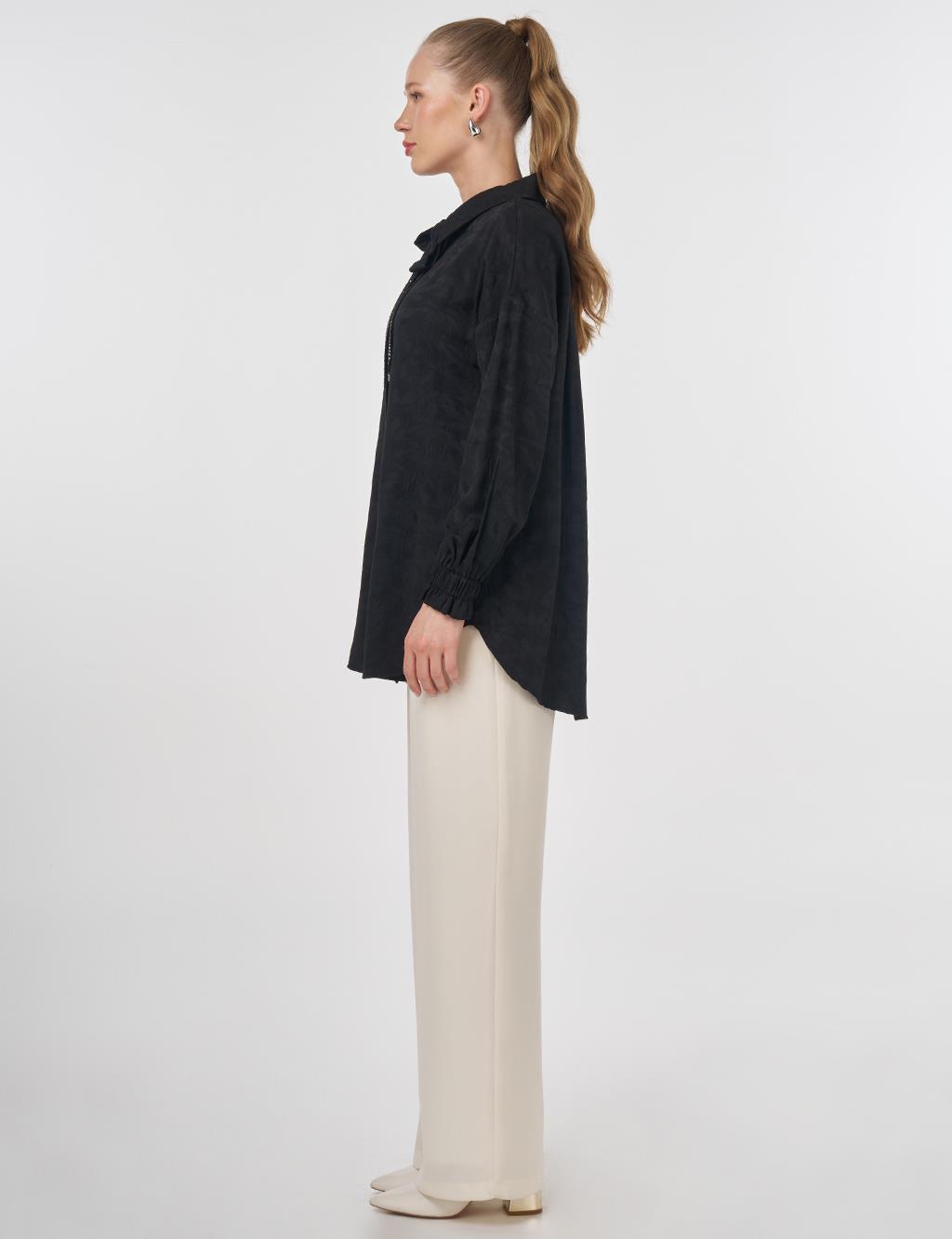 Shawl Collar Jacquard Blouse Black