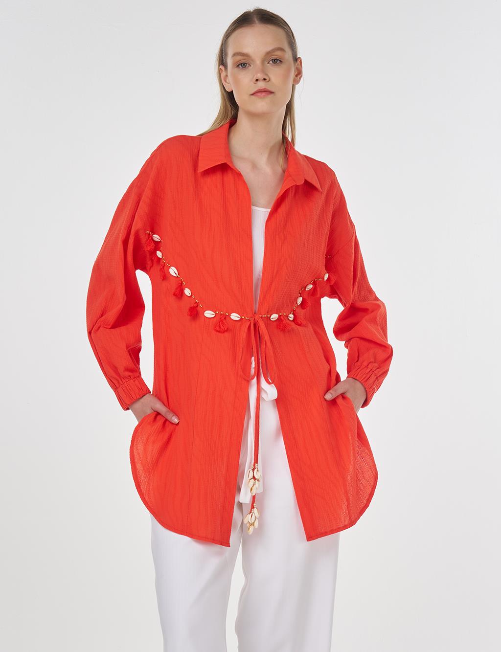 Cotton Tunic with Seashell Embellishment Coral