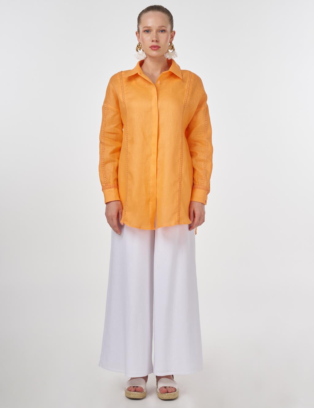 Striped Embroidered Linen Tunic in Peach