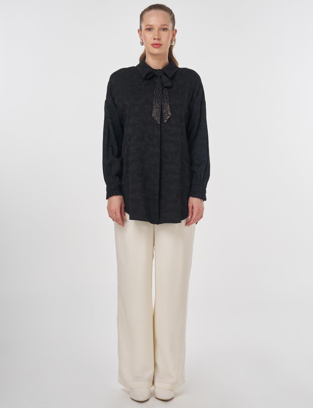 Shawl Collar Jacquard Blouse Black