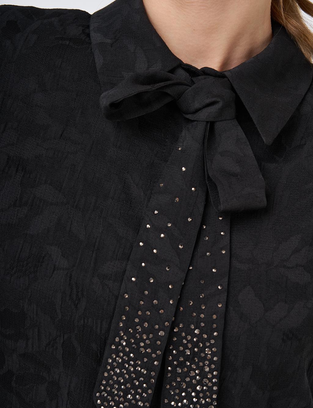 Shawl Collar Jacquard Blouse Black