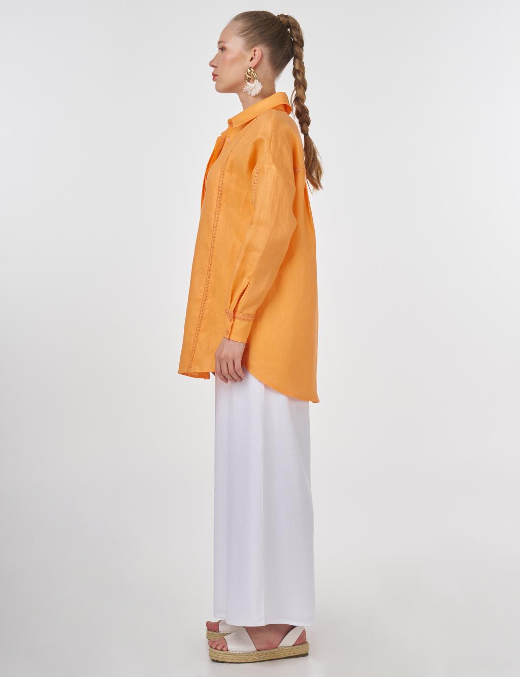 Striped Embroidered Linen Tunic in Peach