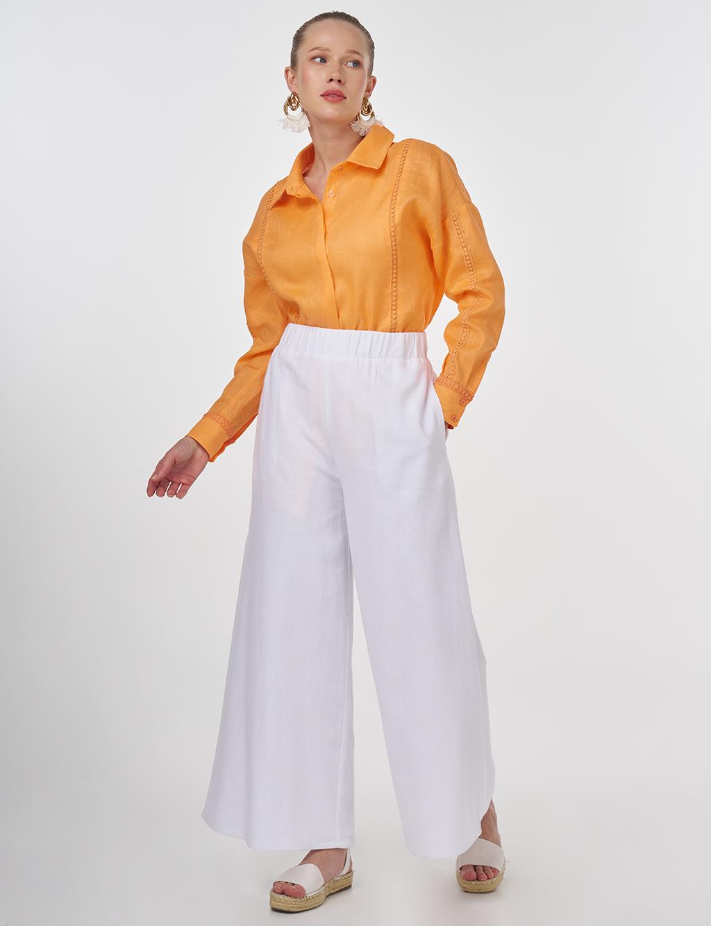 Striped Embroidered Linen Tunic in Peach
