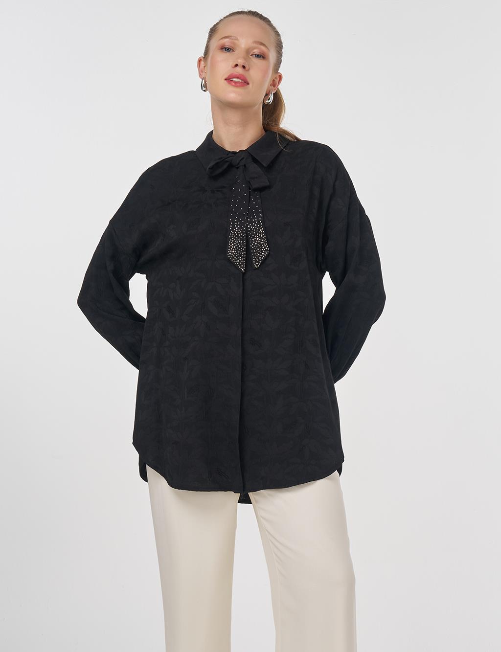 Shawl Collar Jacquard Blouse Black