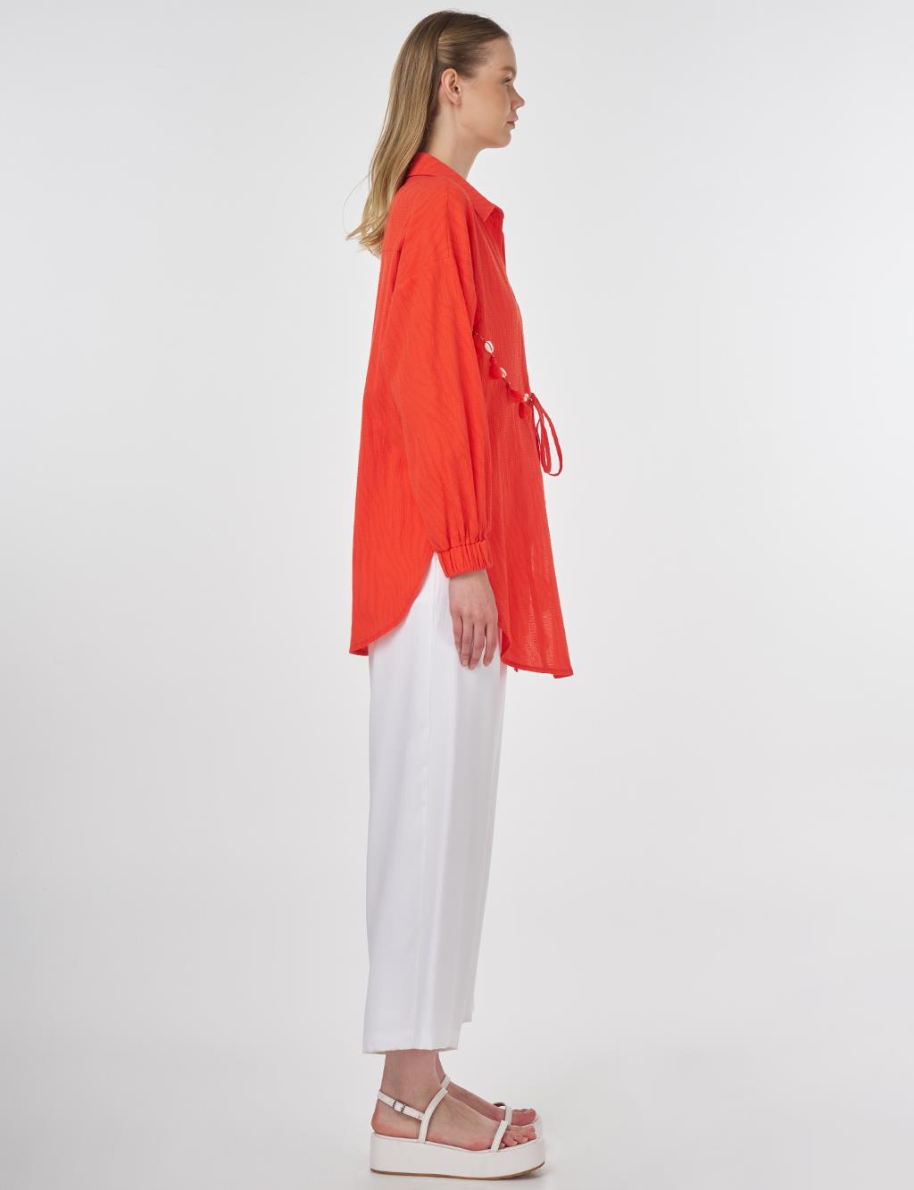 Cotton Tunic with Seashell Embellishment Coral