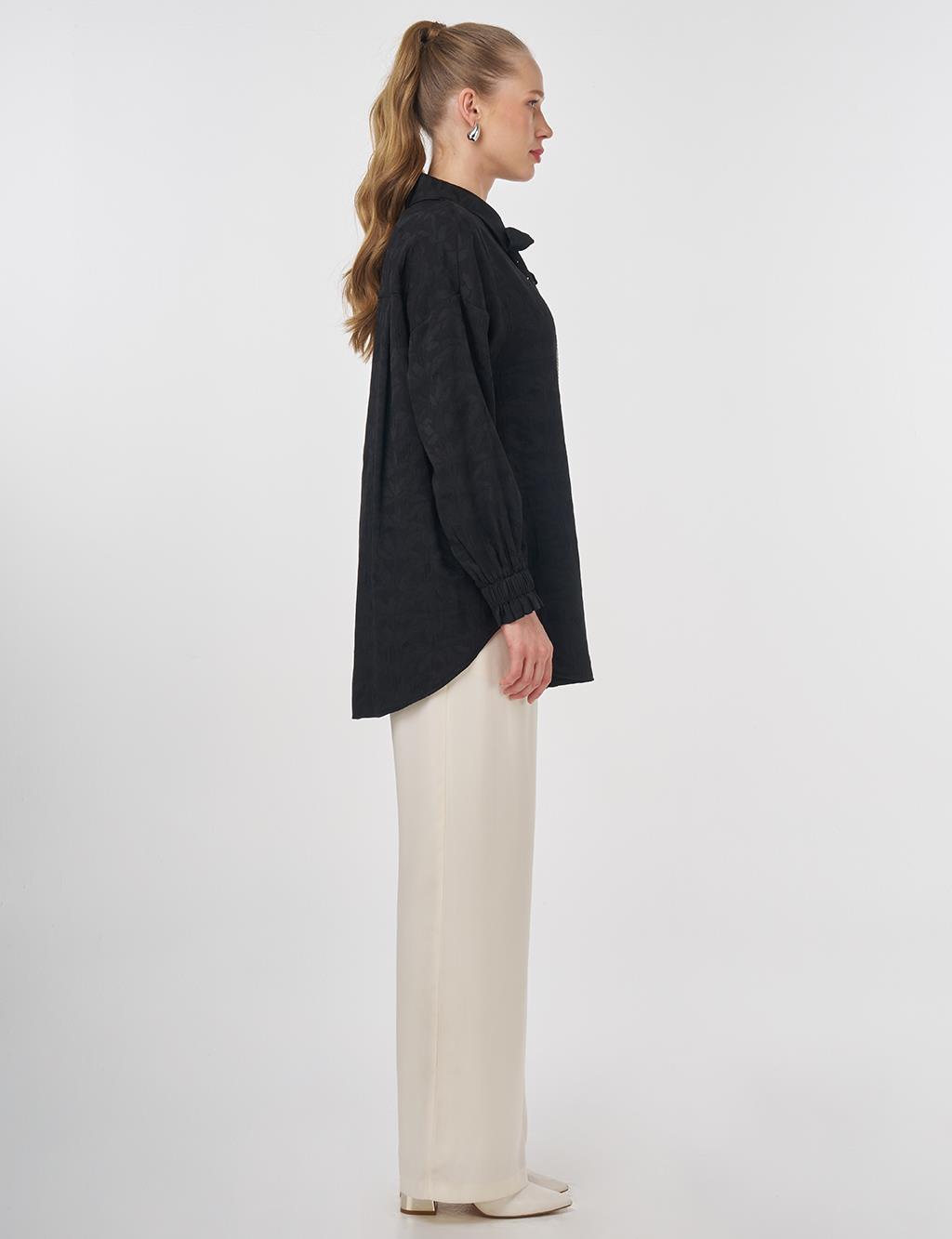 Shawl Collar Jacquard Blouse Black