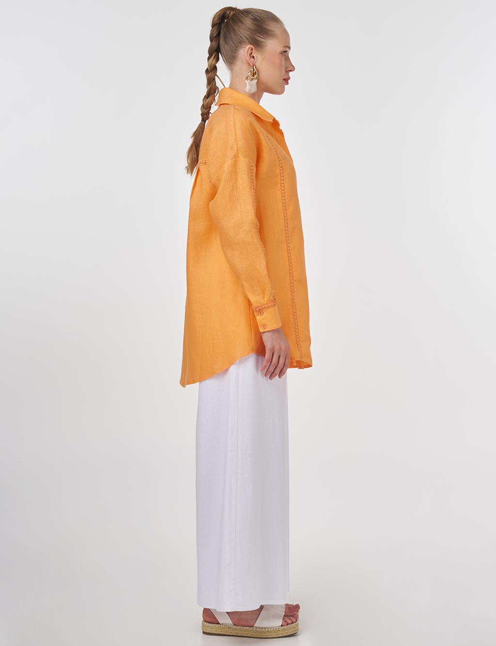 Striped Embroidered Linen Tunic in Peach
