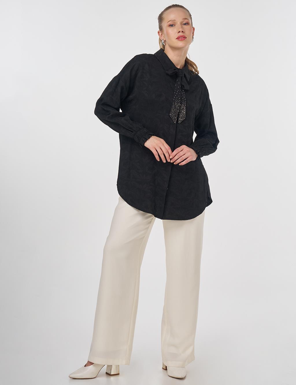 Shawl Collar Jacquard Blouse Black