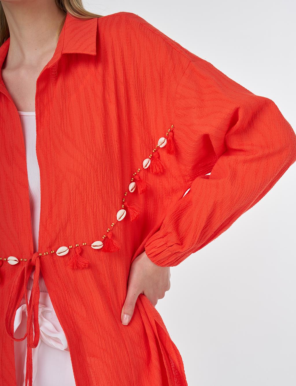 Cotton Tunic with Seashell Embellishment Coral