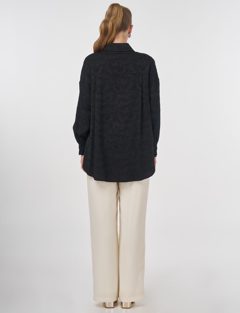 Shawl Collar Jacquard Blouse Black