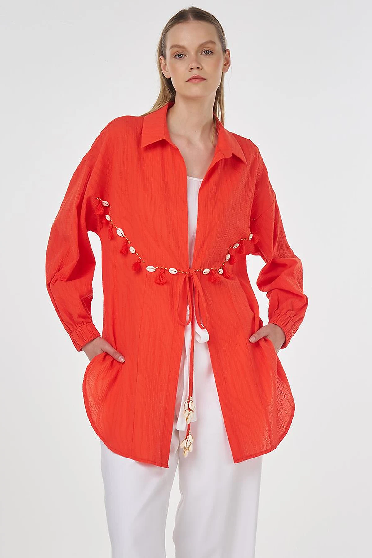 Cotton Tunic with Seashell Embellishment Coral