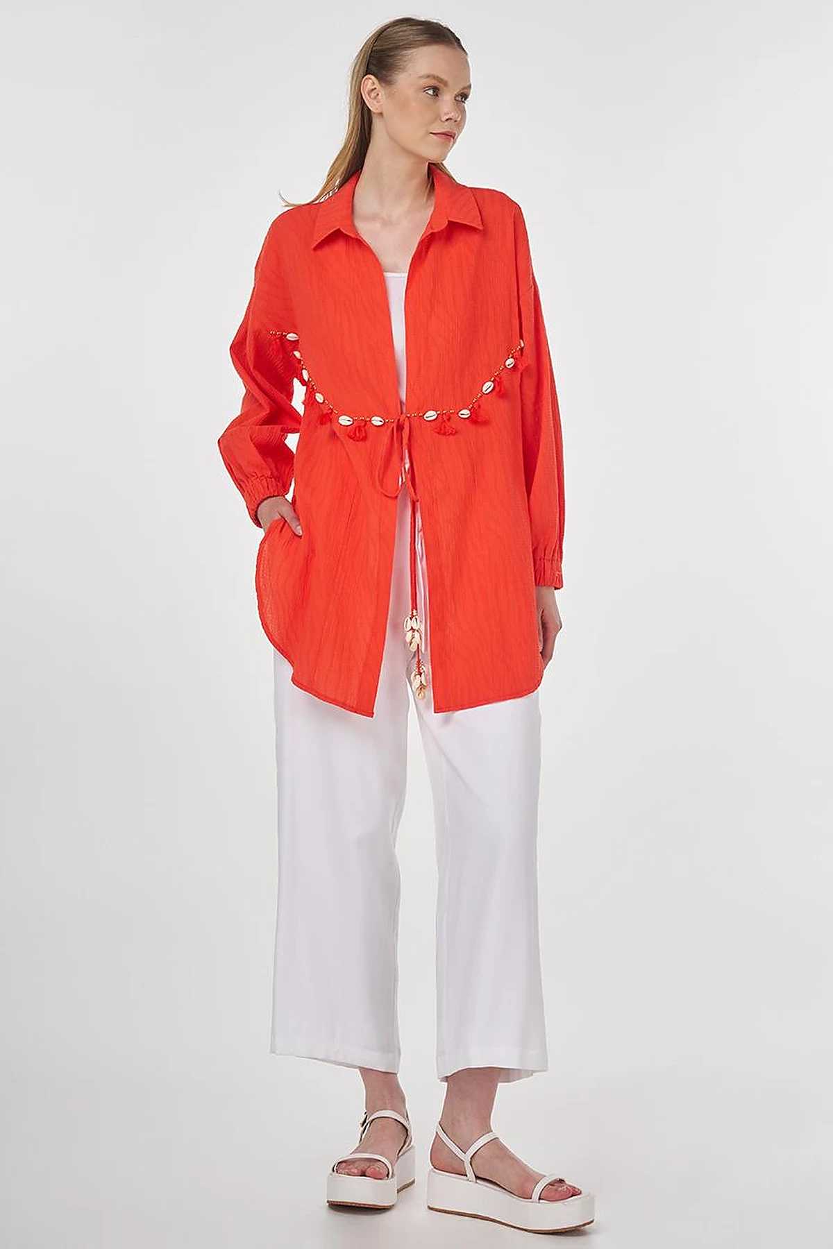 Cotton Tunic with Seashell Embellishment Coral