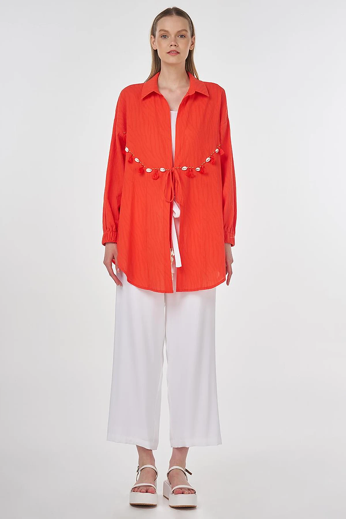 Cotton Tunic with Seashell Embellishment Coral