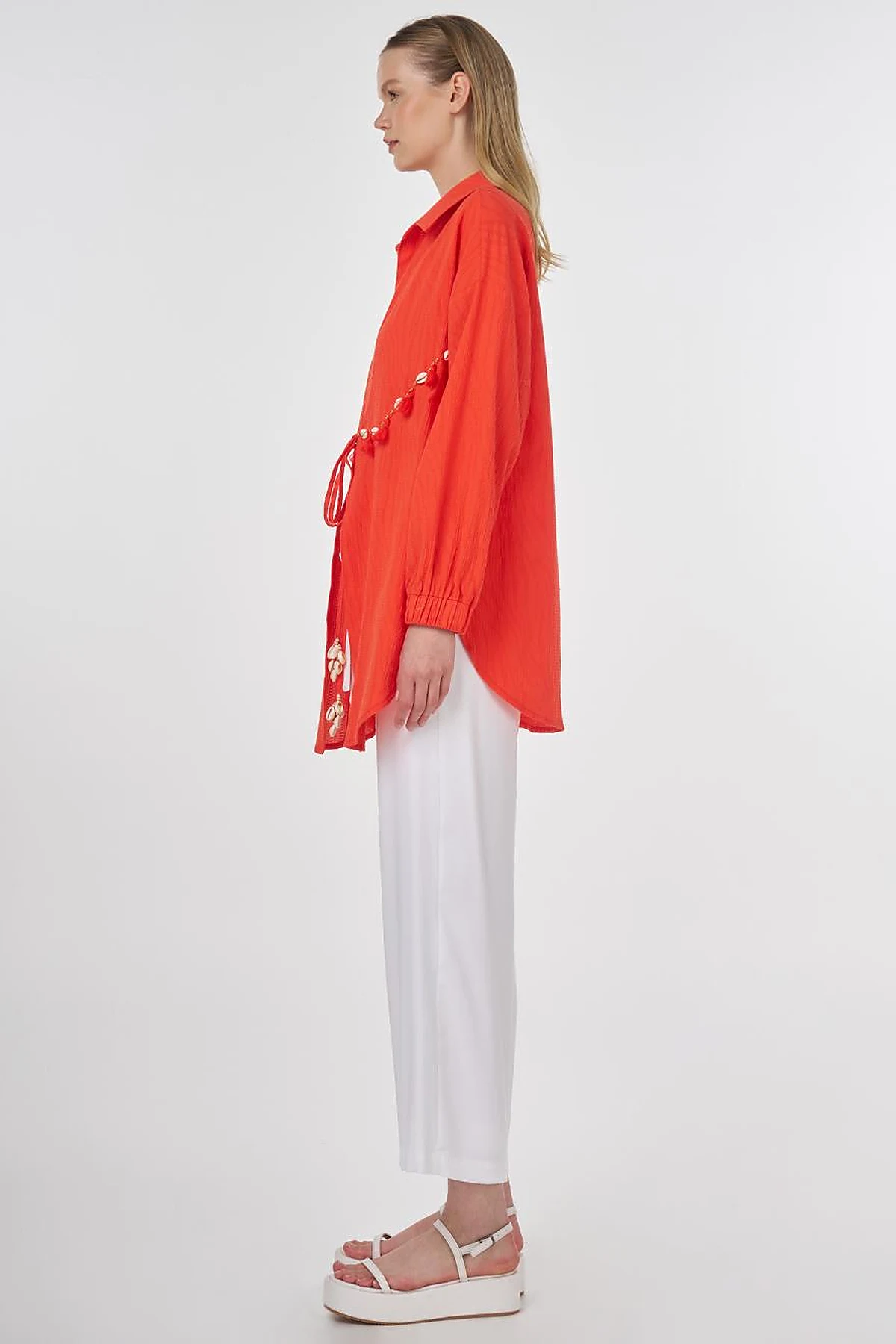 Cotton Tunic with Seashell Embellishment Coral