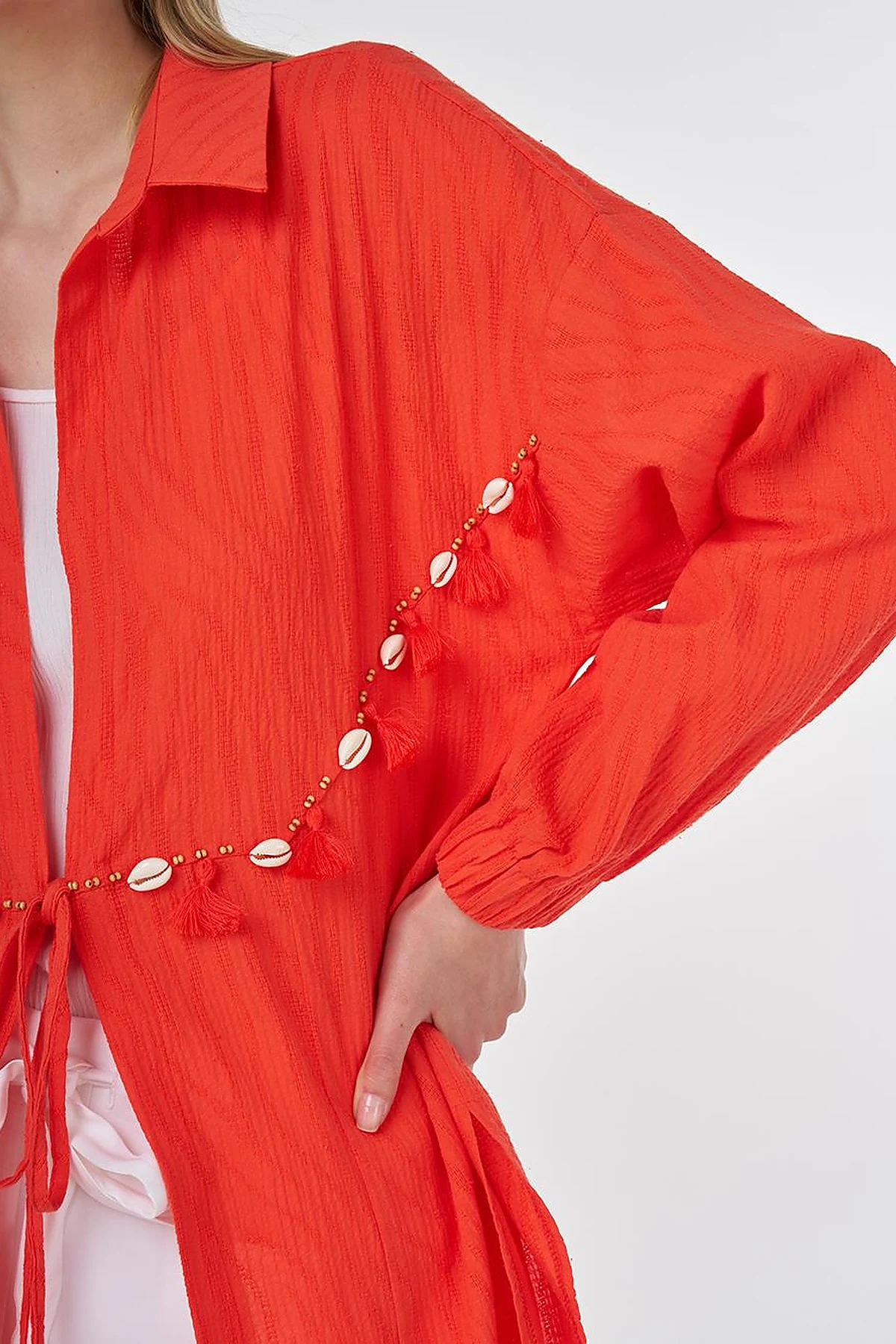 Cotton Tunic with Seashell Embellishment Coral