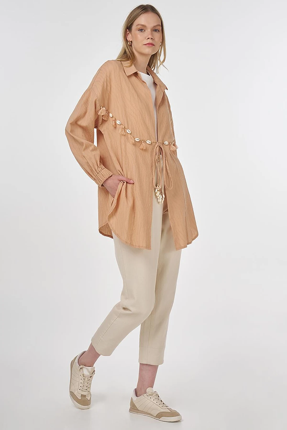 Cotton Tunic with Seashell Embellishment Nude