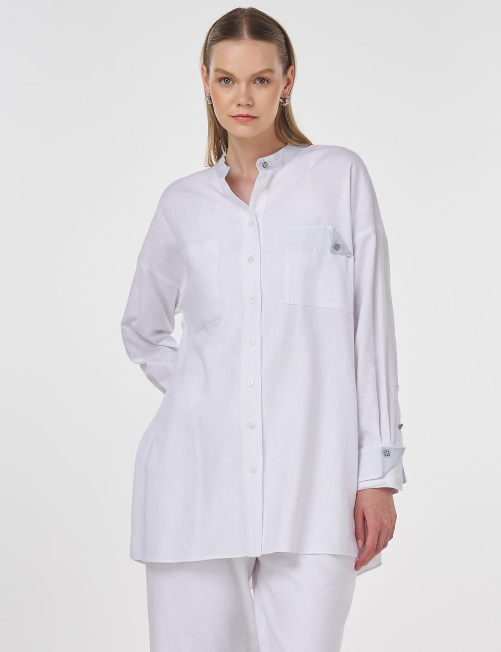 Linen Blend Mandarin Collar Tunic Optic White 