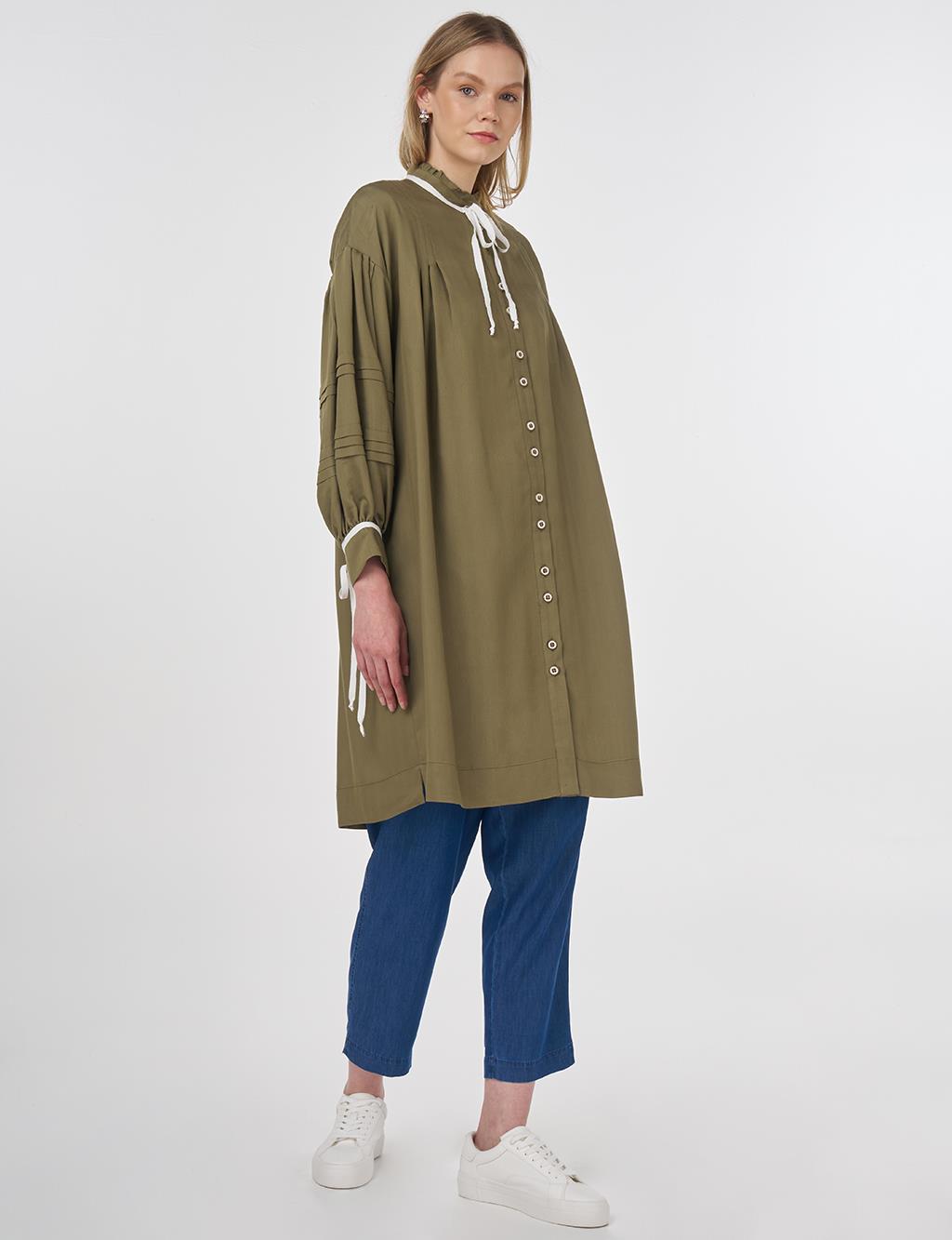Pintuck-Stitched Tunic with Ruffled Collar Khaki
