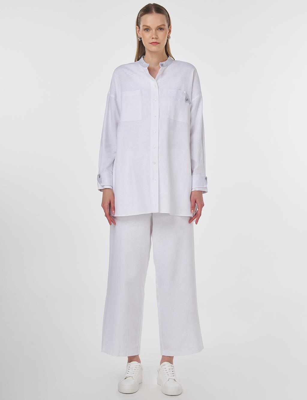 Linen Blend Mandarin Collar Tunic Optic White 
