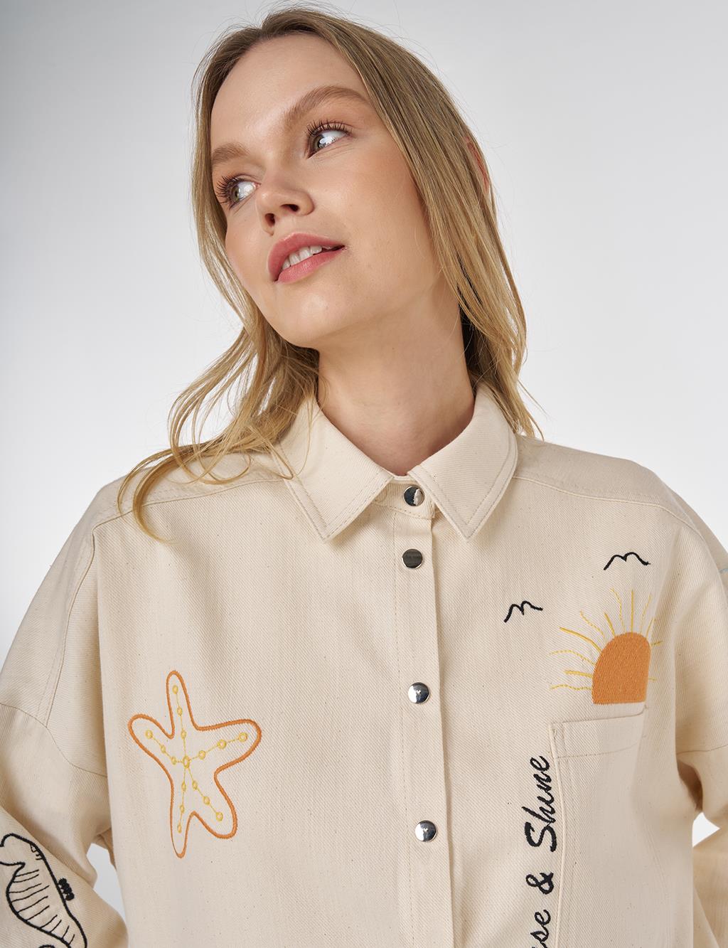Embroidered Denim Tunic Cream 