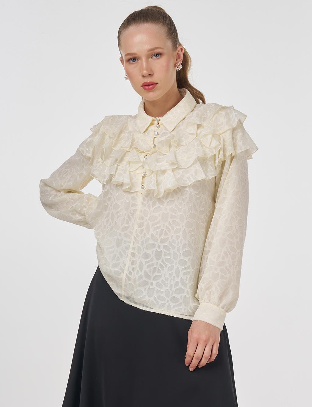 Ruffled Jacquard Blouse Ecru