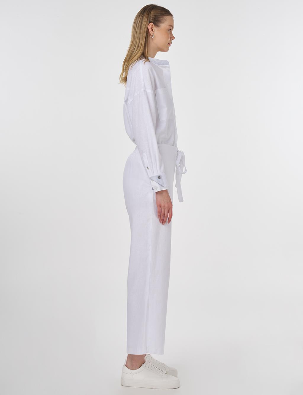 Linen-Blend High-Waisted Pants in Optical White