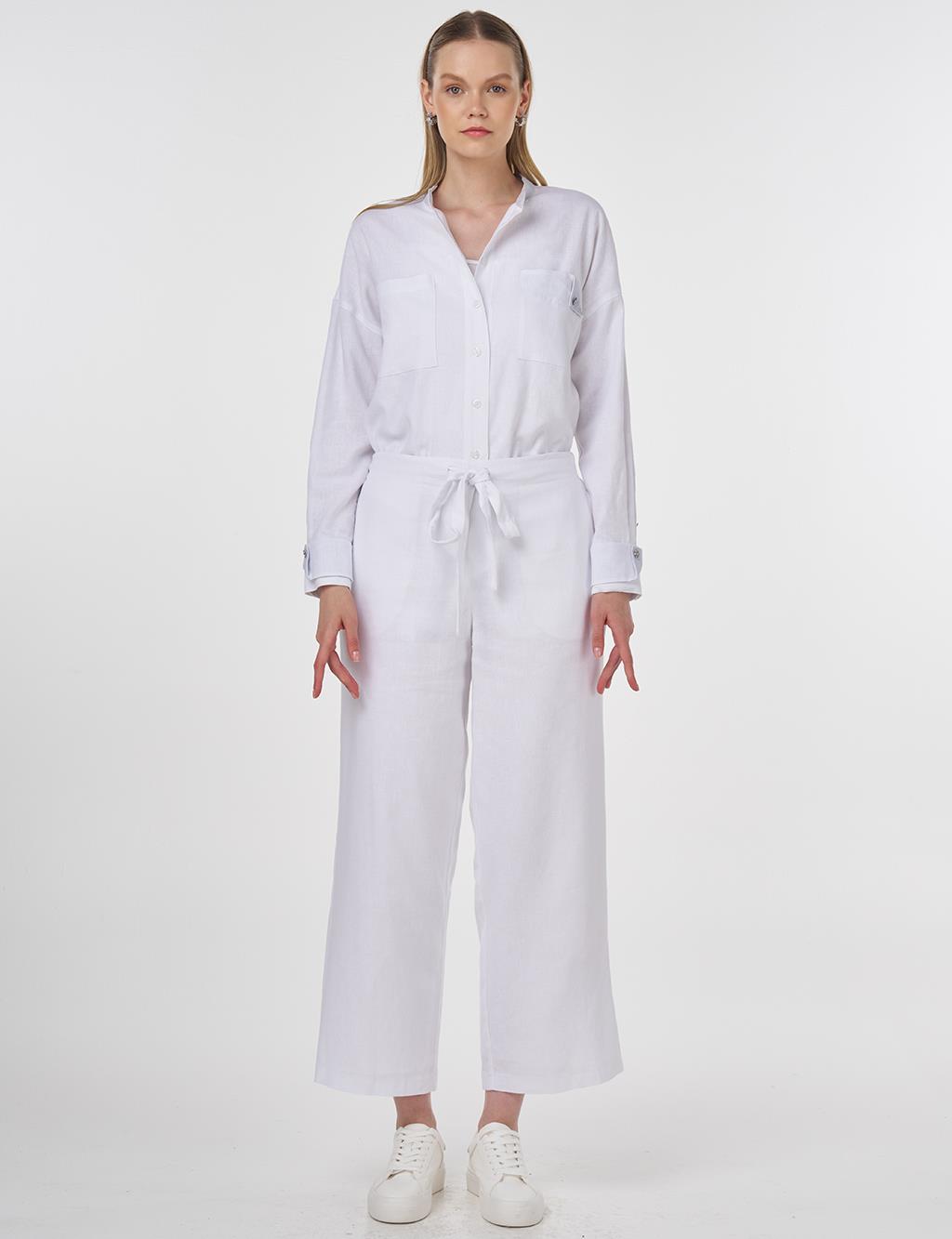 Linen-Blend High-Waisted Pants in Optical White