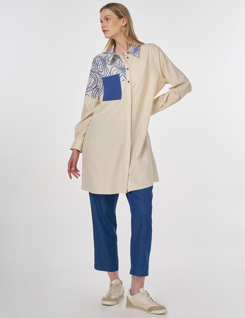 Printed Shirt-Collar Tunic Cream