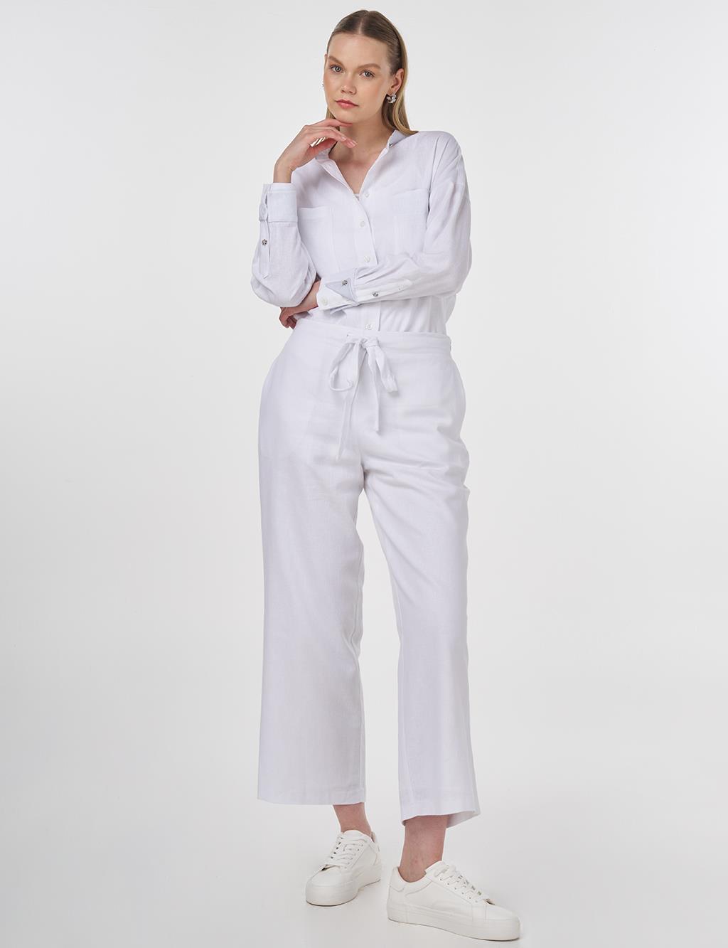 Linen-Blend High-Waisted Pants in Optical White