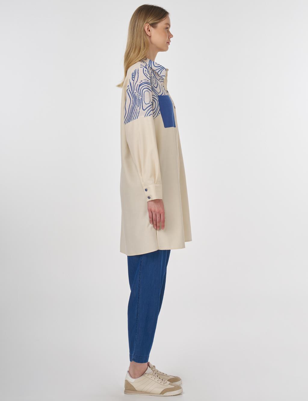 Printed Shirt-Collar Tunic Cream