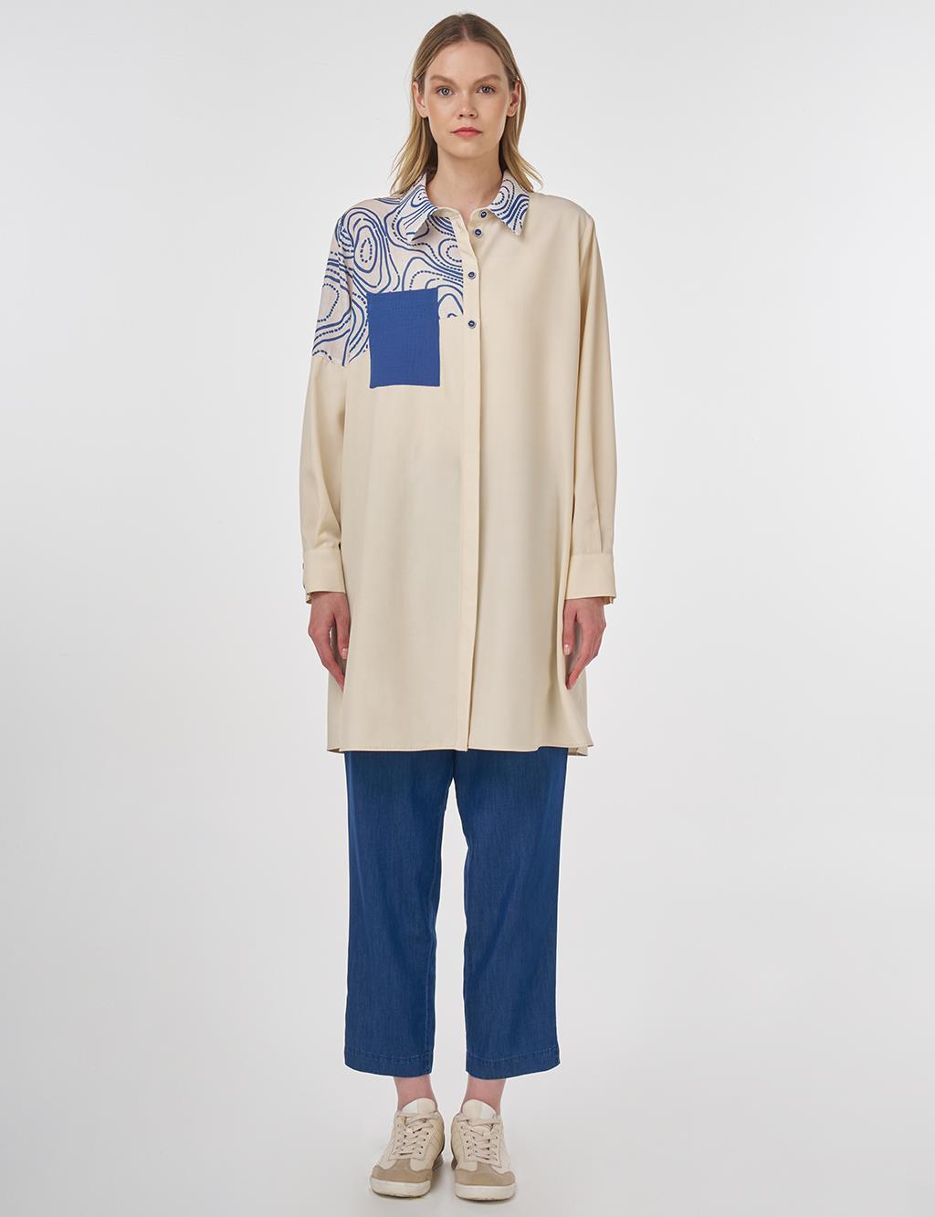 Printed Shirt-Collar Tunic Cream