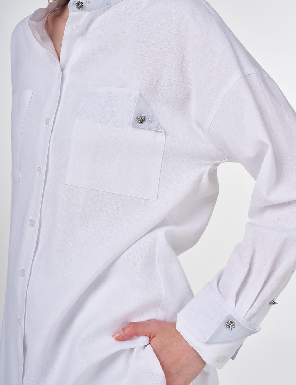 Linen Blend Mandarin Collar Tunic Optic White 