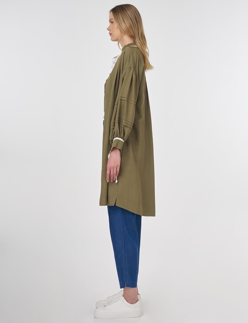 Pintuck-Stitched Tunic with Ruffled Collar Khaki