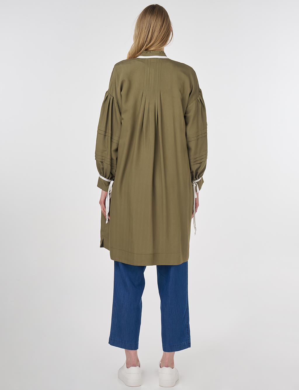 Pintuck-Stitched Tunic with Ruffled Collar Khaki
