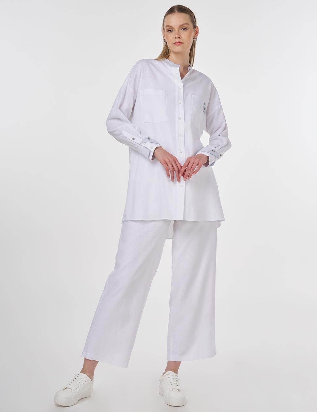 Linen Blend Mandarin Collar Tunic Optic White 
