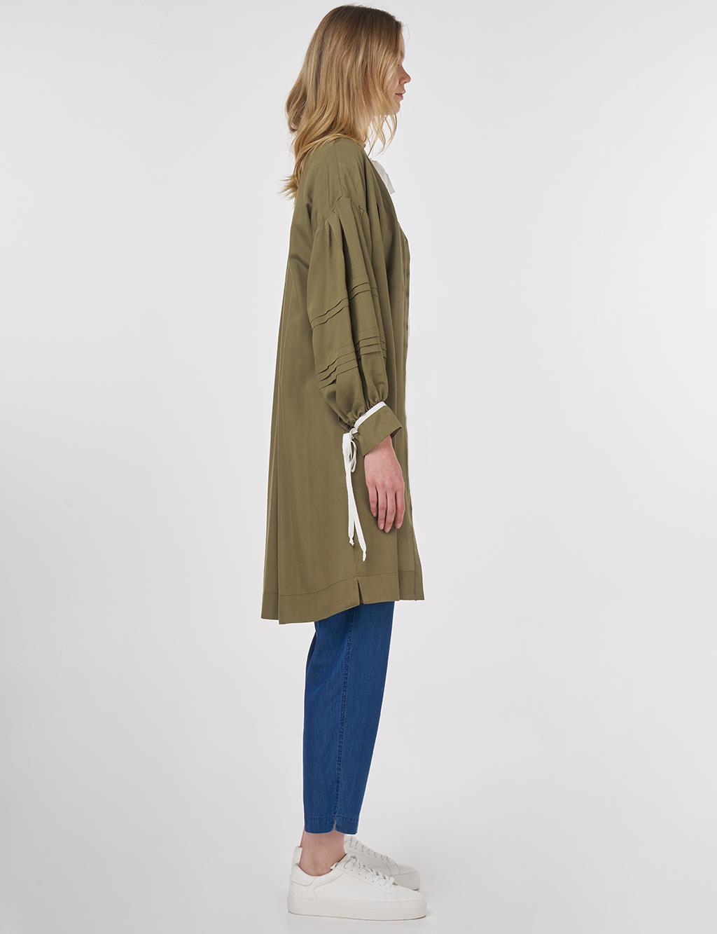 Pintuck-Stitched Tunic with Ruffled Collar Khaki