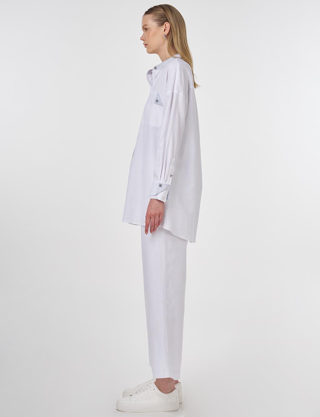 Linen Blend Mandarin Collar Tunic Optic White 