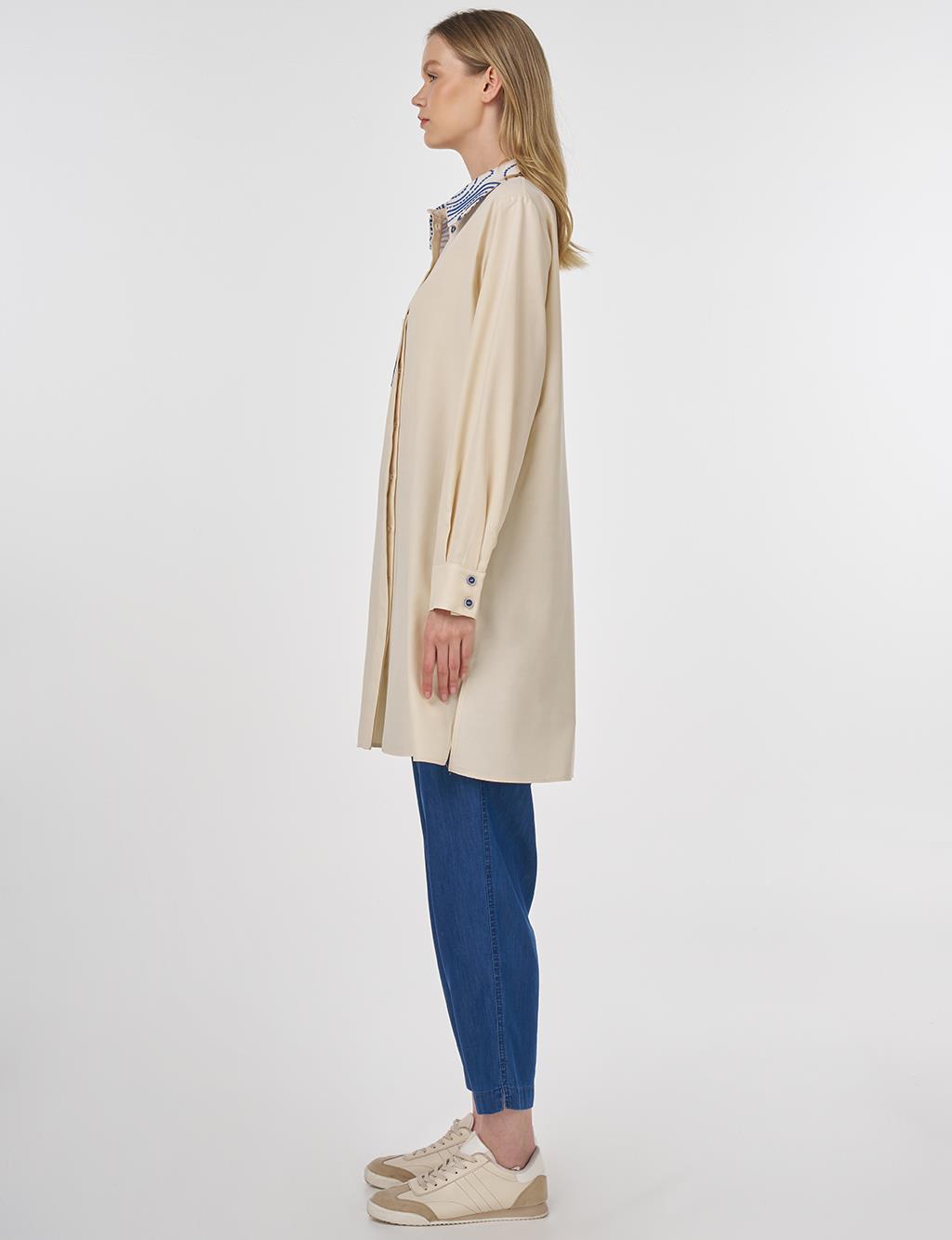 Printed Shirt-Collar Tunic Cream