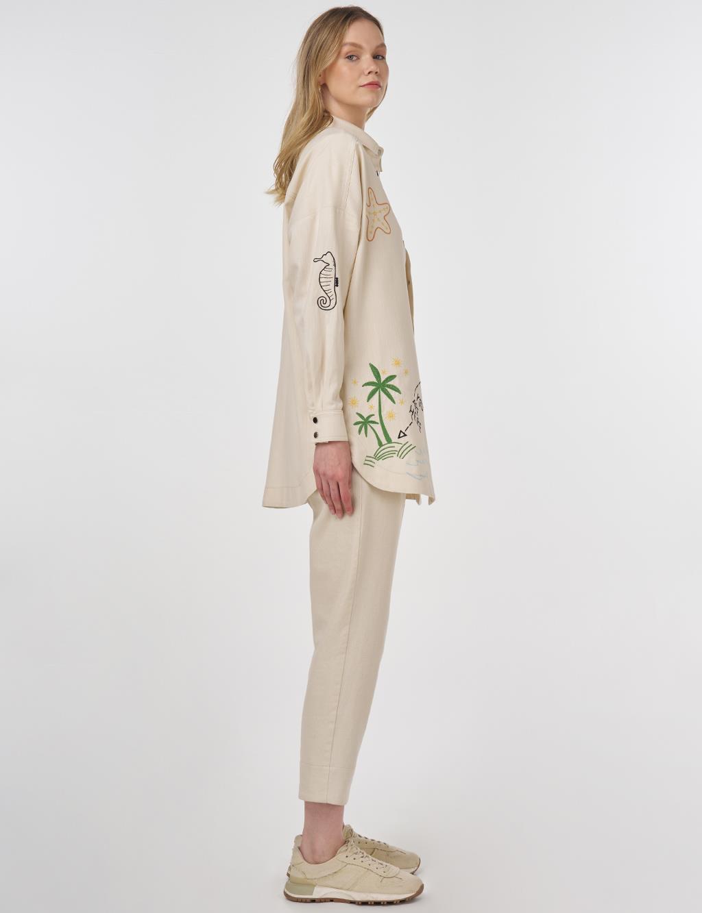Embroidered Denim Tunic Cream 