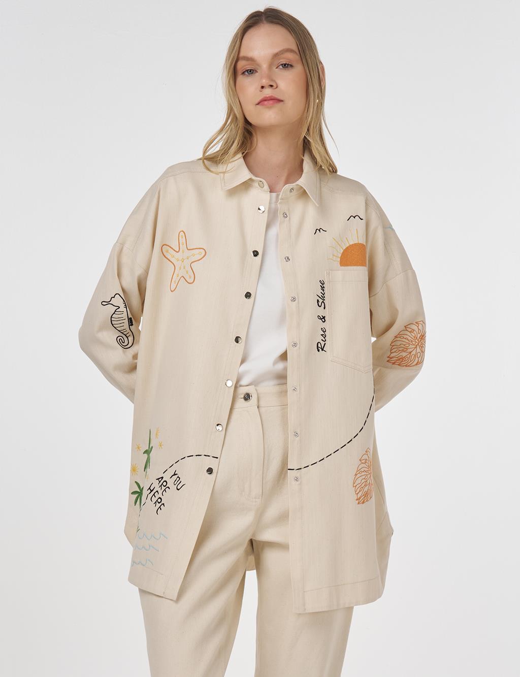 Embroidered Denim Tunic Cream 