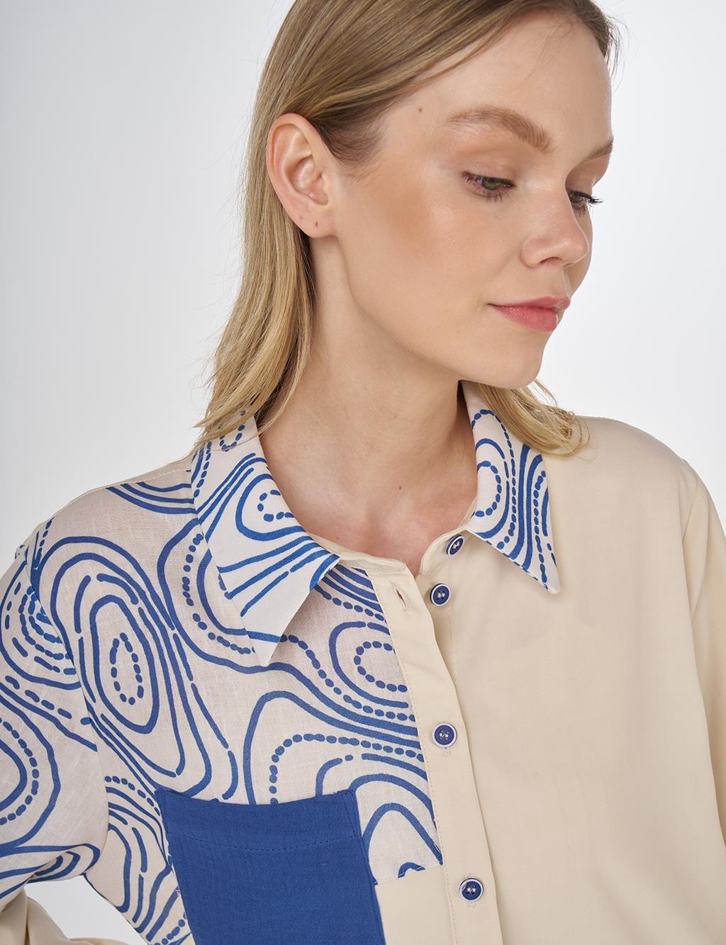 Printed Shirt-Collar Tunic Cream