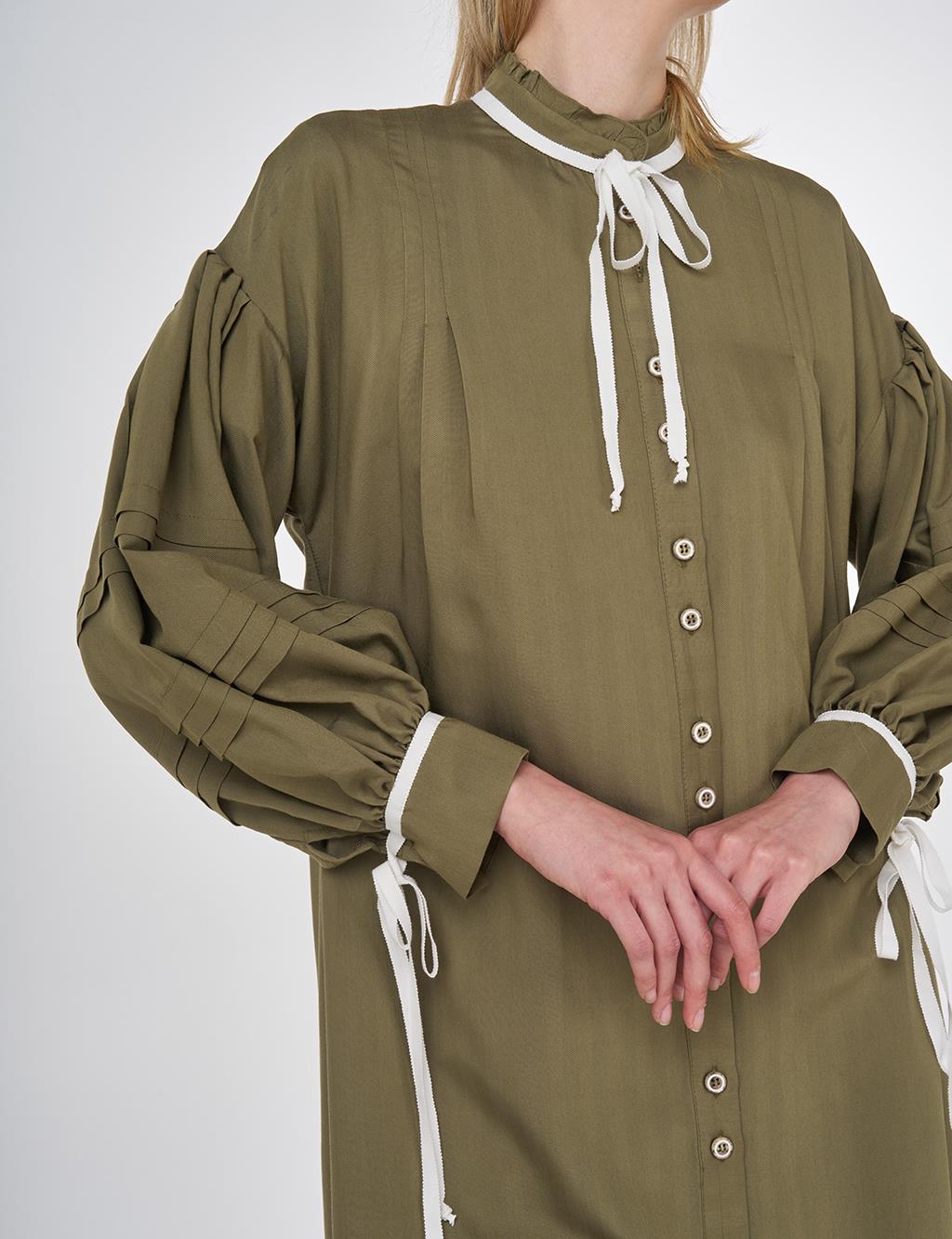Pintuck-Stitched Tunic with Ruffled Collar Khaki