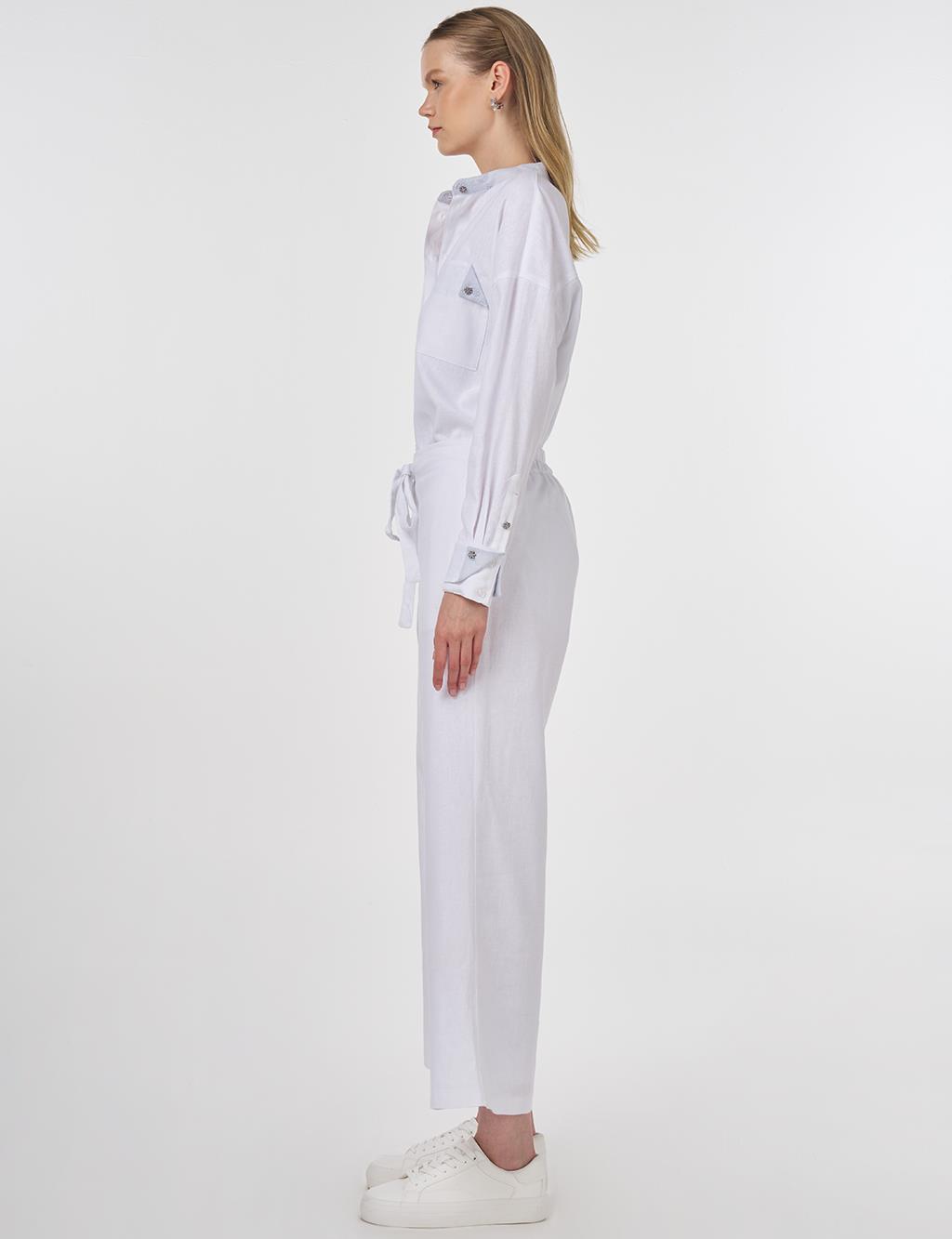 Linen-Blend High-Waisted Pants in Optical White