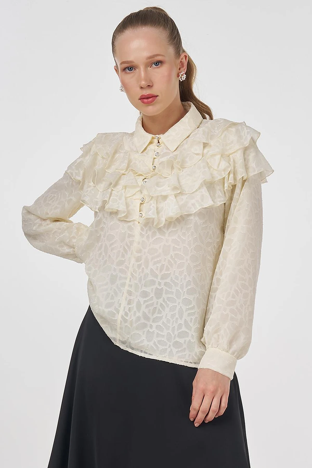 Ruffled Jacquard Blouse Ecru