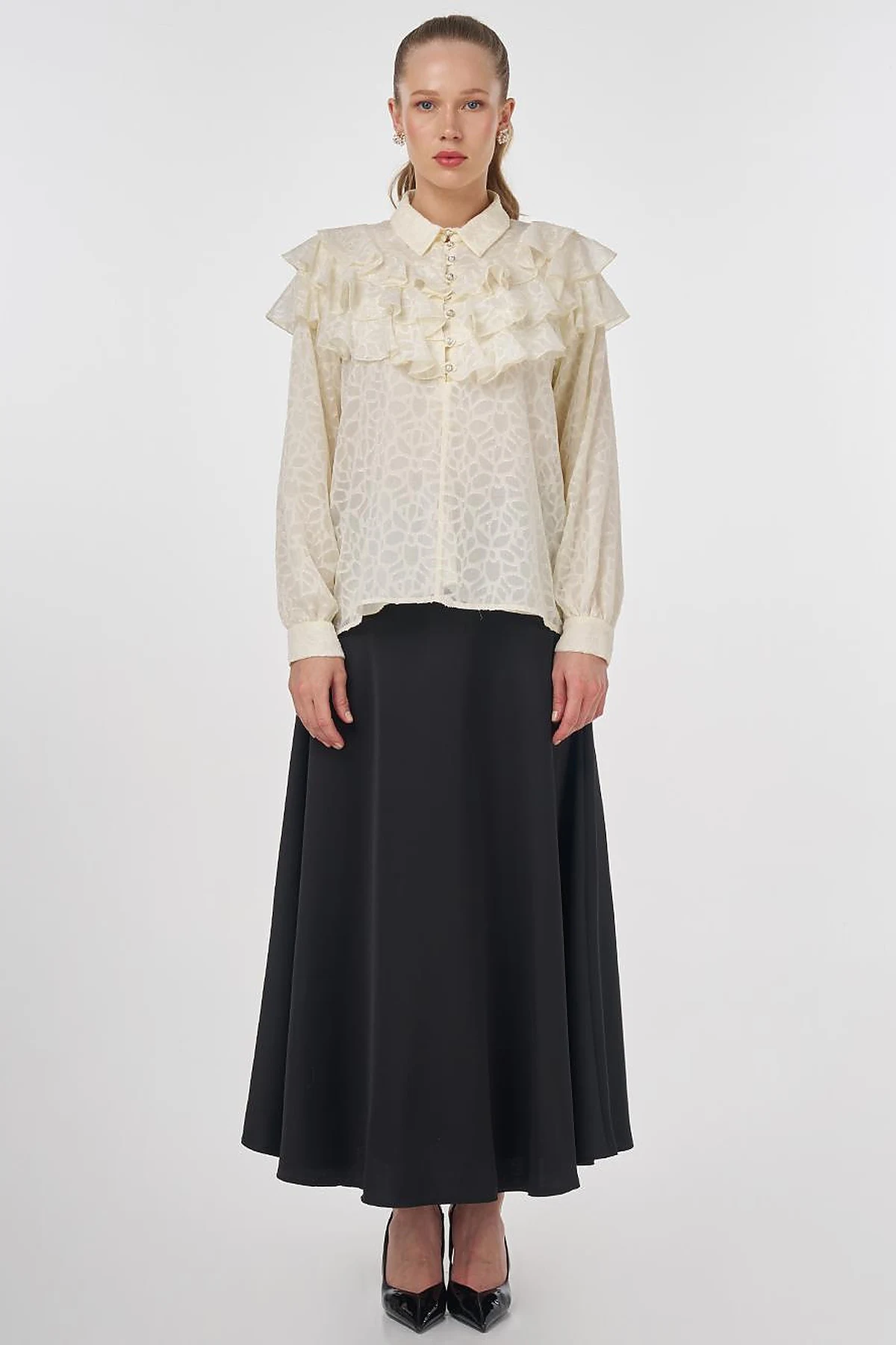 Ruffled Jacquard Blouse Ecru