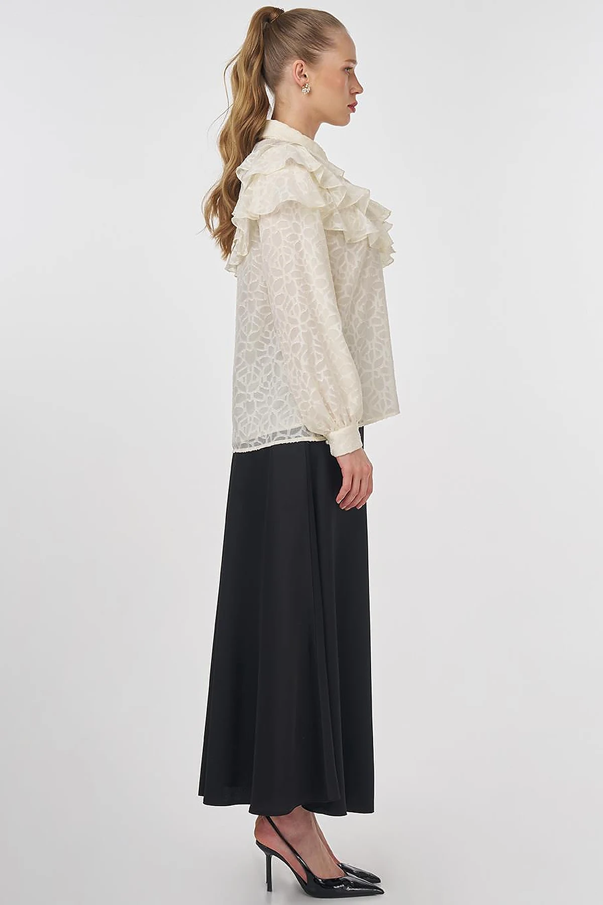 Ruffled Jacquard Blouse Ecru